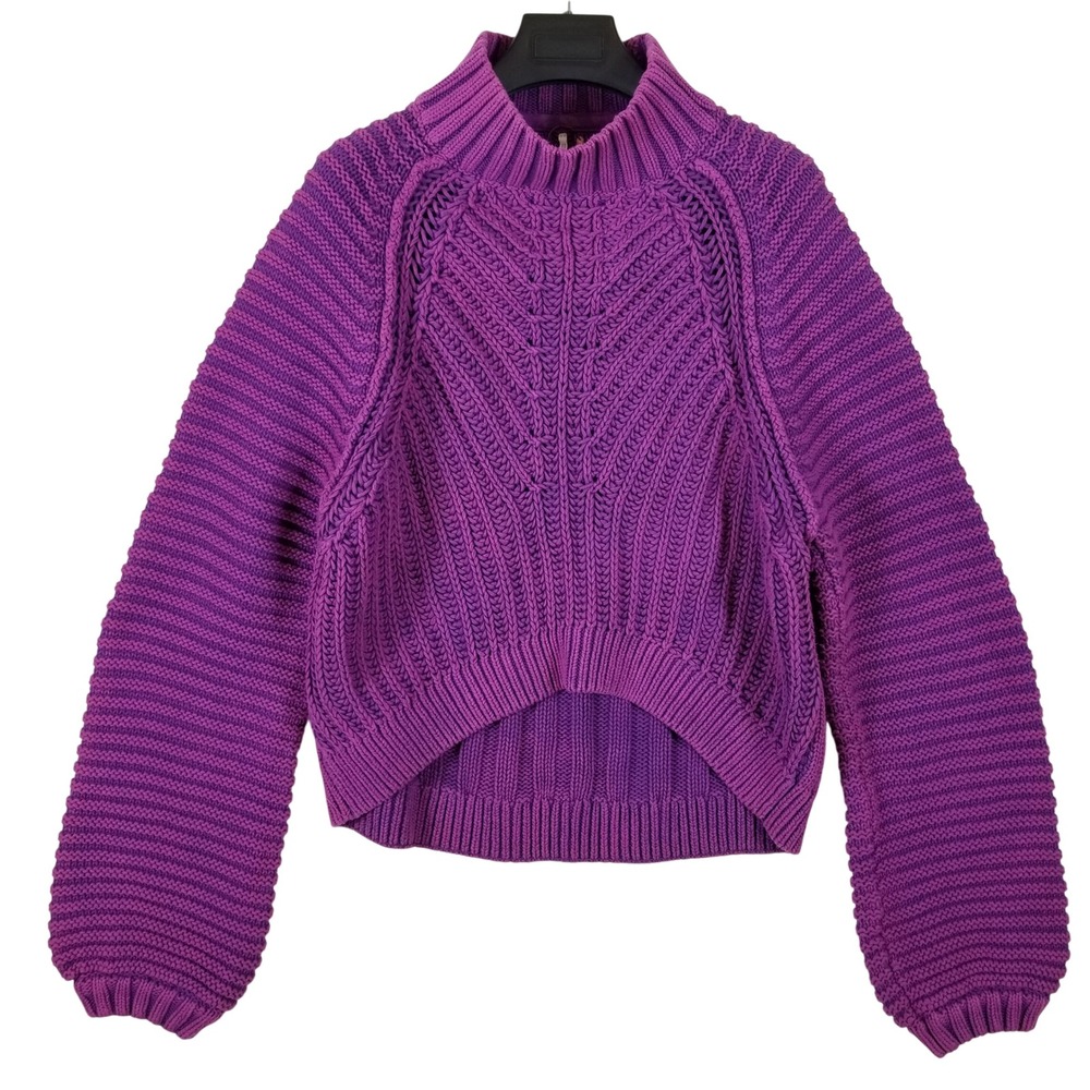 Free People Purple Chunky Cotton Knit Mock Neck High Low‎ Sweater Large
